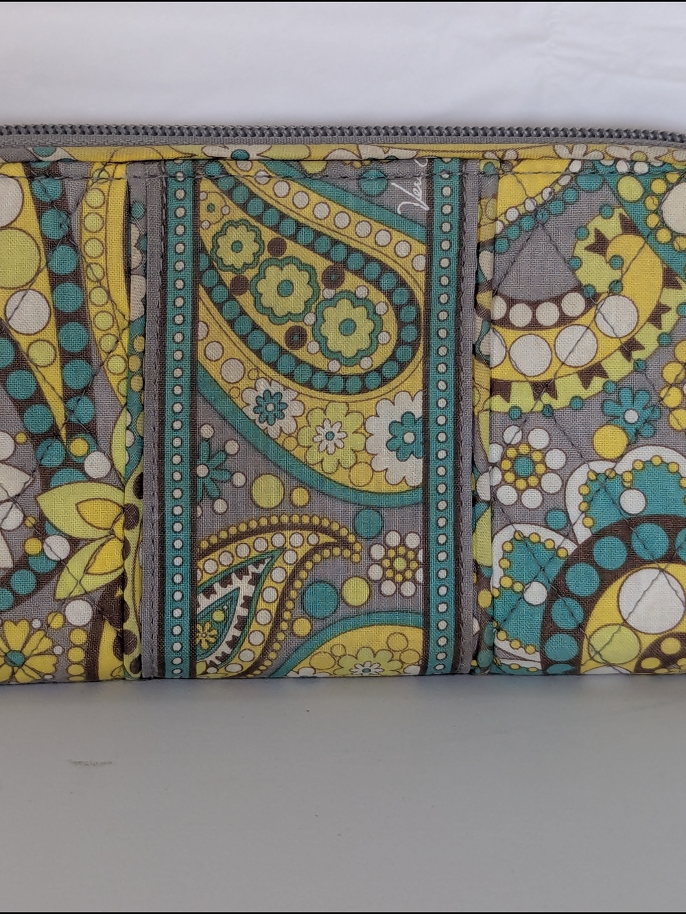 Vera Bradley Zip Around Wallet Paisley Floral Quilted Cotton Gray Yellow Blue - Picture 6 of 13